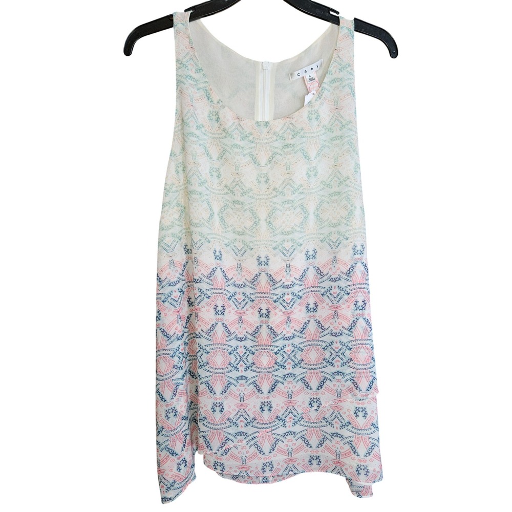 Cabi 250 Geometric Tile Print Sleeveless Blouse Coral Navy Mint Green L